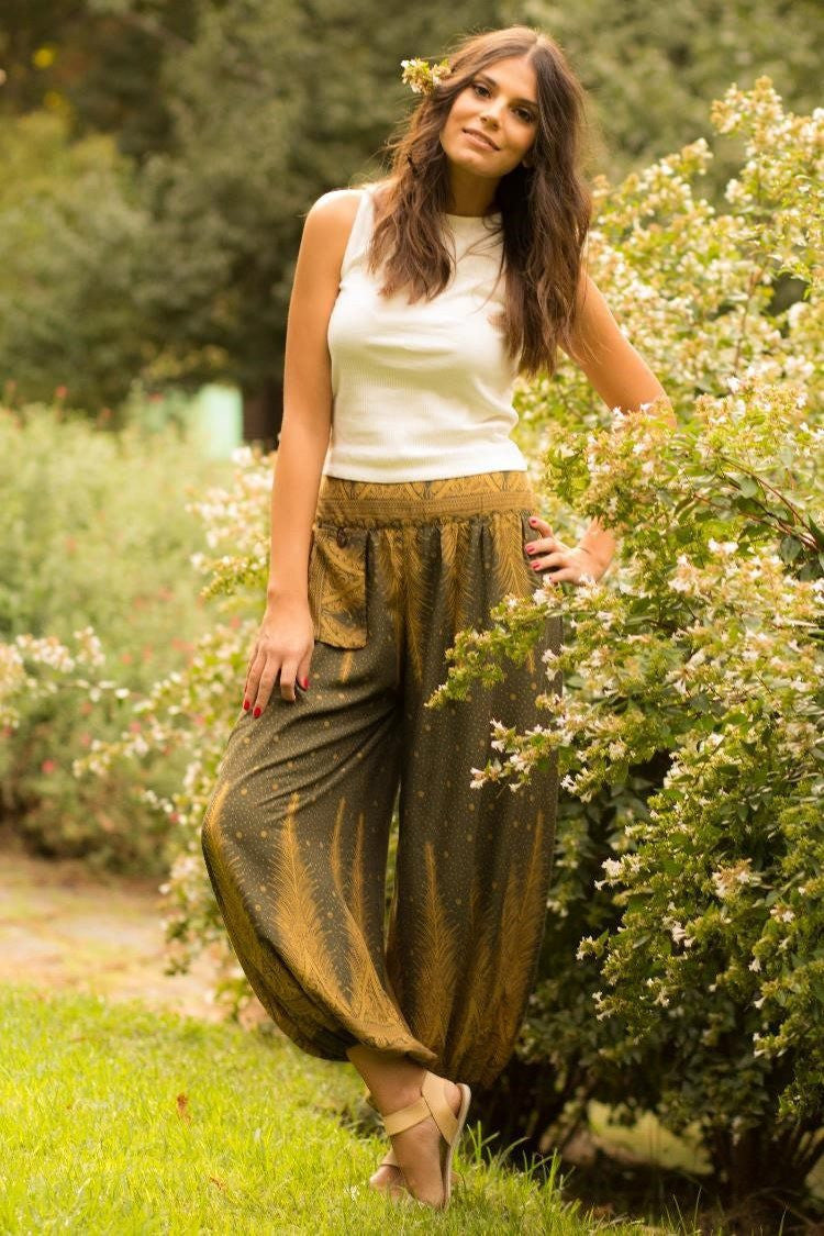 Pantalón elegante de algodón con puntilla, verde oliva --47%